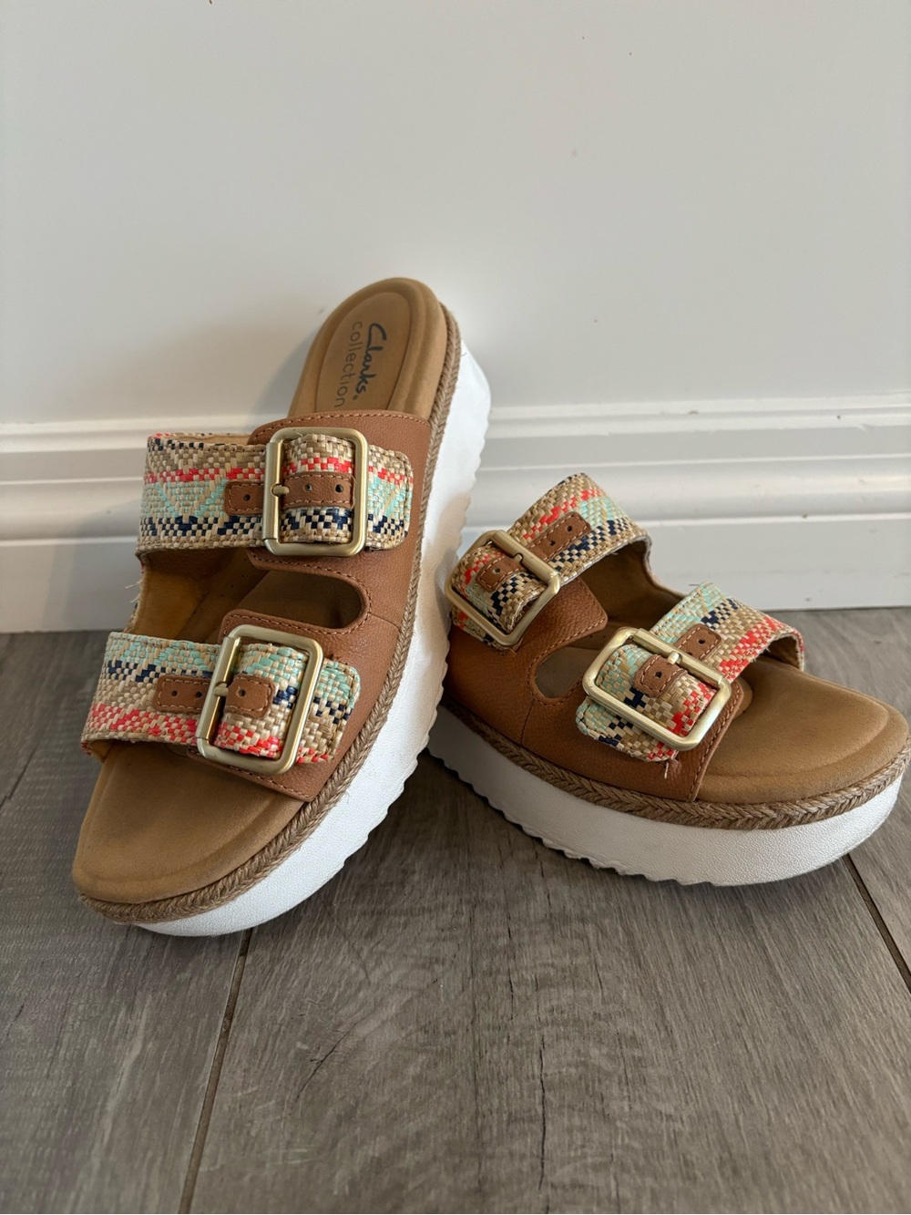 Clarks Tan Platform Slide Sandals with Multicolor Woven Straps